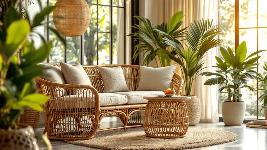 Woven rattan seating staged in a bright Bali showroom