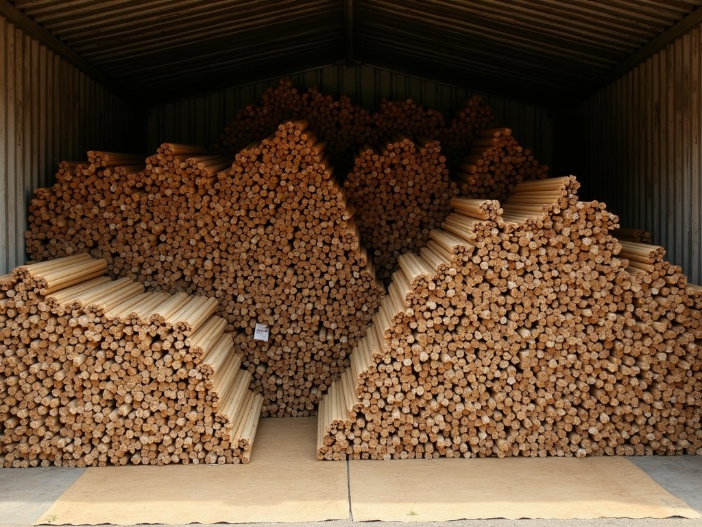 Graded natural rattan poles and coils stored in an Indonesian warehouse