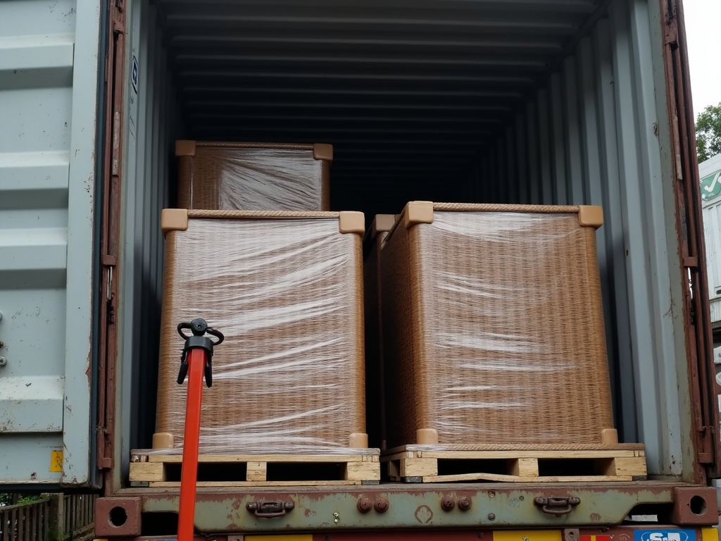 Wrapped rattan furniture loaded into a shipping container at a Bali export yard