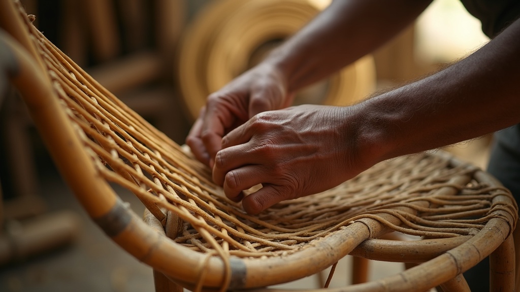 Artisan hands weaving natural rattan over a chair frame in a Bali workshop